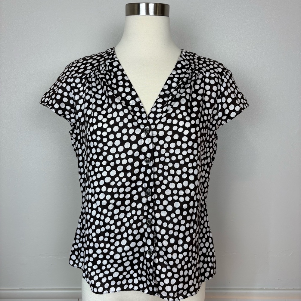 Jones New York Linen Top Size 8 Brown Polka‎ Dot Cap Sleeves Button Front Safari